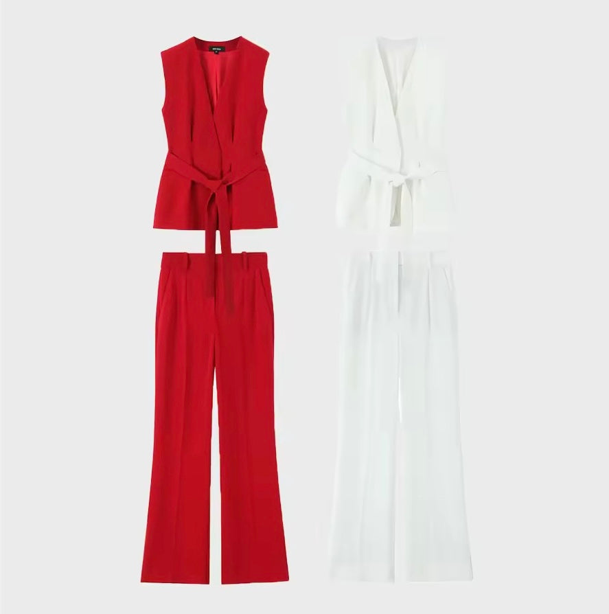 Elegantes 2-Teiler Set mit Taillengürtel – Blazer-Weste & Hose