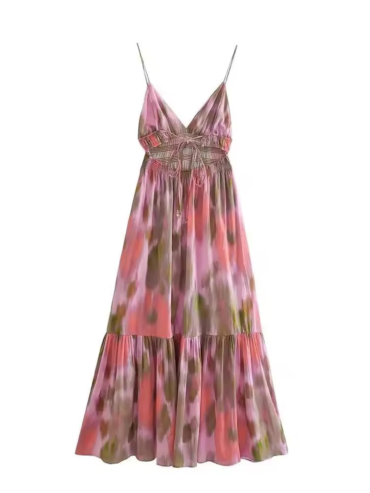 Aquarell Midikleid mit Spaghettiträgern