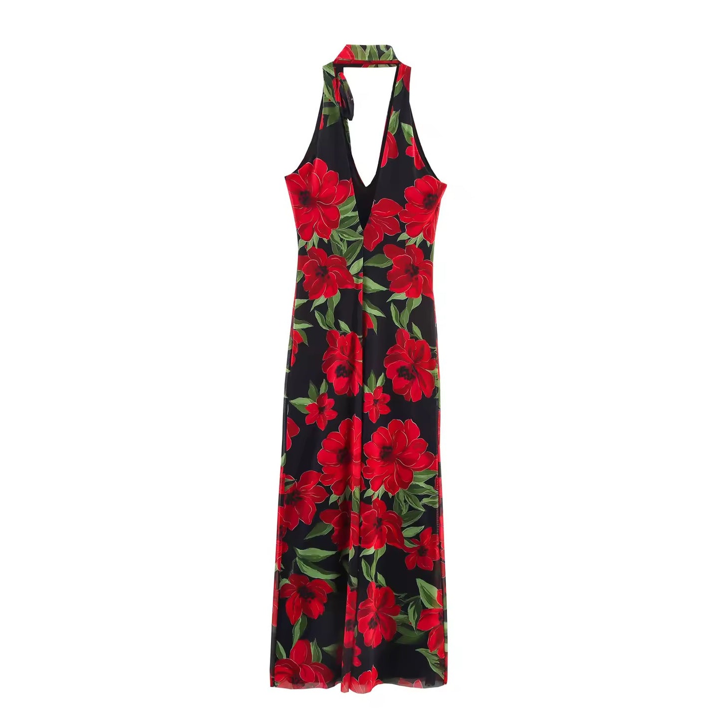 Florales Neckholder-Kleid in Schwarz mit roten Blüten