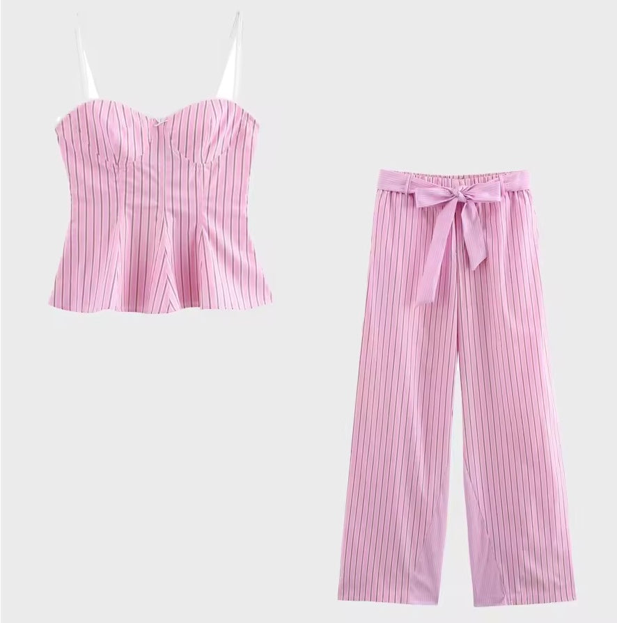 Zweiteiliges Set mit Bustier-Top und weiter Hose in Rosa mit Streifen