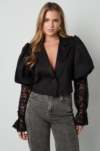 Baumwollmischung Damen-Blazer Puffärmel Spitze-Einsatz