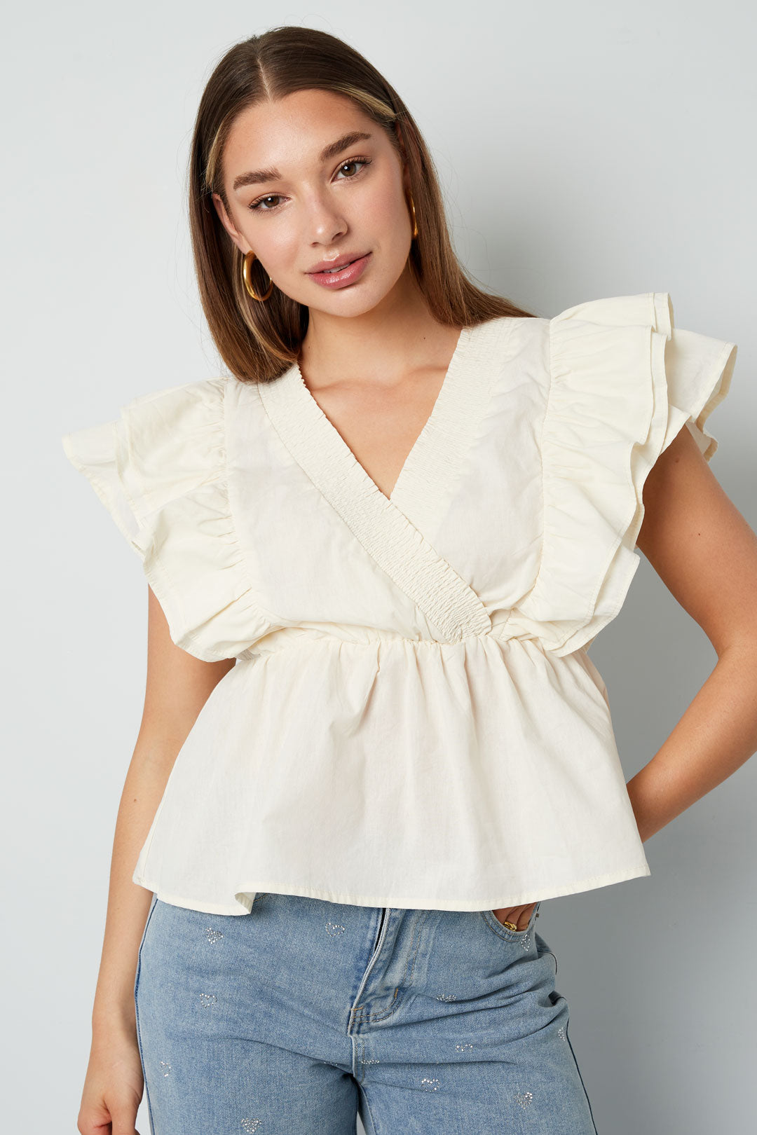 Gewebte ärmellose Bluse elegant Rüschenrand einfarbig Frühling/Sommer