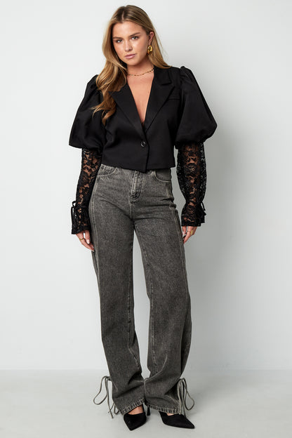 Baumwollmischung Damen-Blazer Puffärmel Spitze-Einsatz