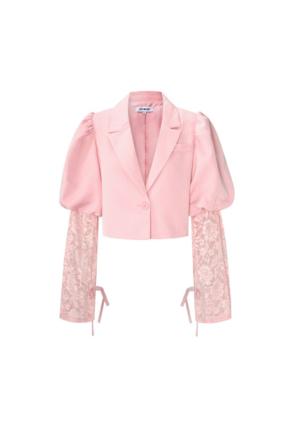 Baumwollmischung Damen-Blazer Puffärmel Spitze-Einsatz