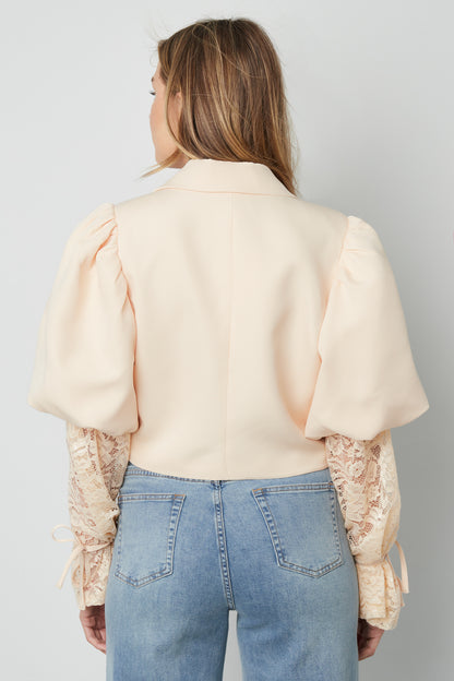 Baumwollmischung Damen-Blazer Puffärmel Spitze-Einsatz