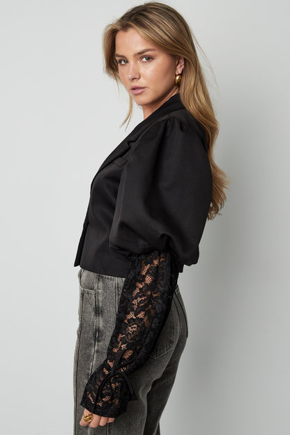 Baumwollmischung Damen-Blazer Puffärmel Spitze-Einsatz