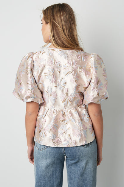 Gewebte Polyesterfasern Damen Kurzarm Oberteil Elegantes Blumenmuster