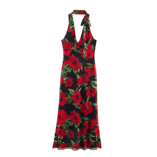 Florales Neckholder-Kleid in Schwarz mit roten Blüten
