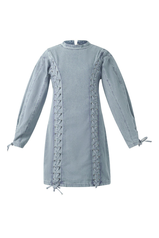 Cotton Woven Denim Dress Elegant Tie-up Solid Color