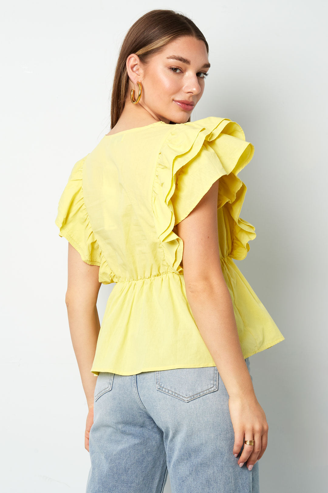 Gewebte ärmellose Bluse elegant Rüschenrand einfarbig Frühling/Sommer