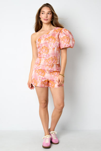Gewebte Polyesterfasern Damen Ein-Schulter Oberteil Elegant Blumenmuster